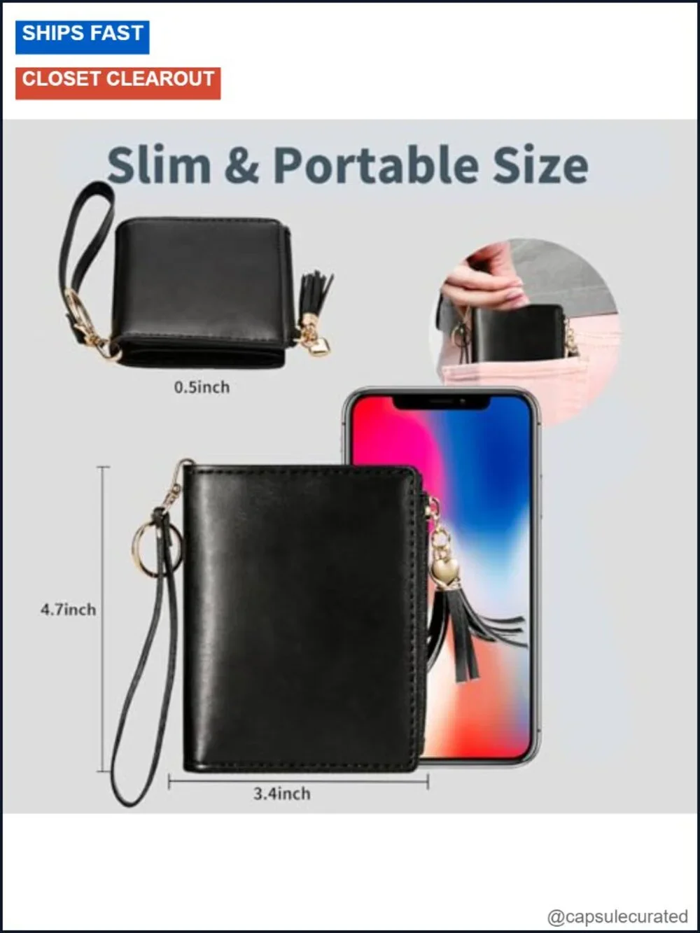 Women's RFID Slim Wallet with 8 Card Slots, Snap Closure, Keychain Tassel